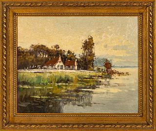American Oil On Canvas, 20th C., Lakeside Cottage, H 16" W 19"