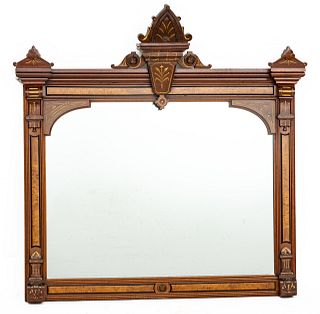 Eastlake Movement Mahogany & Burled Wood Wall Mirror, Ca. 1870, H 53" W 52"