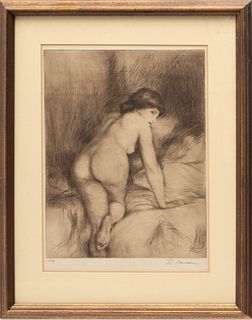 Rene Lorrain (French, 1873-1949) Drypoint Etching On Paper, Le Coucher, H 14" W 11"