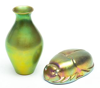 Zsolnay (Hungary) Glazed Pottery Vase 5" + Scarab By Reilings 5" 2 pcs