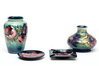 Moorcroft (England, Est. 1913) Pottery Vases, Dish & Ash Receiver, H 6.5" Dia. 4.25" 4 pcs