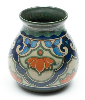 Holland Gouda Pottery Vase, Blue/red Ca. 1950, H 6" Dia. 5"