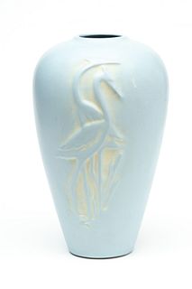 Art Deco Pottery Vase, Molded Cranes Ca. 1960, H 15"