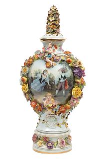 German Porcelain Covered Urn, C. Early 20th C., H 27.5" Dia. 12"