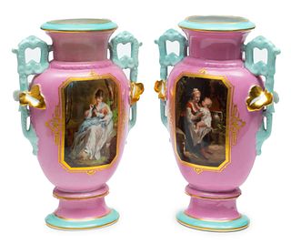 French Porcelain Double Handled Vases, H 13.75" W 8.5" Depth 4.5" 1 Pair