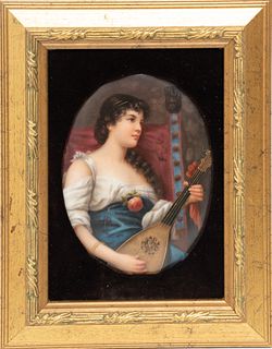 After Conrad Kiesel (German/American, 1826-1921) Painting On Porcelain Early 20th C., Lute Player, H 6" W 4.5"