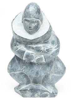 Inuit Canadian Carved Stone Eskimo Holding Fish H 8" W 5"
