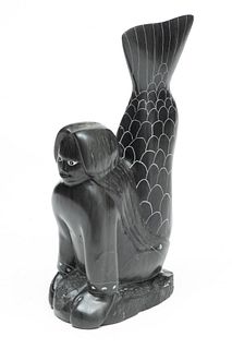 George Emikotailak, Inuit Canadian Stone Sculpture, Mermaid With Arched Back H 11.5" L 5.7"