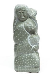 Lucy Uppik Sr.Canadian Inuit Stone Carving, Eskimo Lady And Child H 12" W 4.5" L 8"