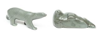 Inuit Carved Serpentine Stone Miniature Seal And Polar Bear Ca. 1995, H 2.2" L 8" 2 pcs