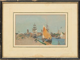 Attributed to James Kerr-Lawson (Canadian, 1864-1939) Watercolor On Paper, Dock Scene, H 6" W 10"