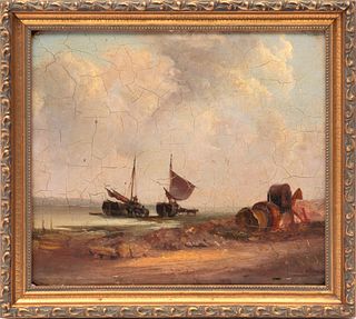 European Oil On Artist Board, 19th C., Bringing The Day's Catch, H 10" W 12"