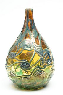 Mold Blown Glass Vase, Amber/blue Swirl Bottle Neck H 15.5" Dia. 9"
