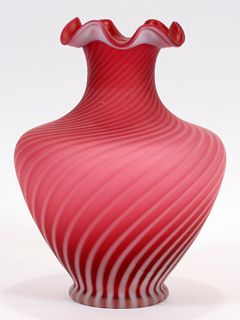*Satin Cranberry, Swirl Design Glass Vase, 1870, H 12" 2