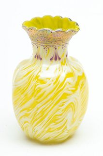 Enamel Decorated Blown Glass Vase, Yellow Ca. 1870, H 7.2"