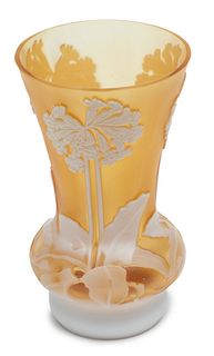 Cameo Art Glass Vase, White On Orange Background H 4.7"