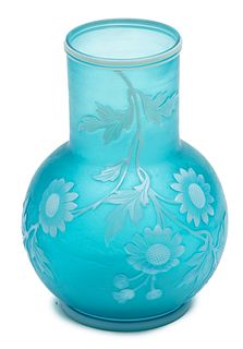 Cameo Glass Vase, Overlay Design Of Sunflowers Ca. 1900, H 5.2" Dia. 3.5" 1 pc
