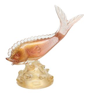 Murano Art Glass Fish Sculpture, Gold Flakes, Ca. 1960, H 9.5" W 4.5" L 10"