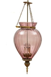Brass And Amethyst Glass Globe Chandelier H 33" Dia. 14"