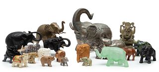Asian Carved Stone, Wood, Metal And Glass Elephant Sculptures, 20Pcs. H 12" L 12"