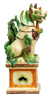 Chinese Glazed Ceramic Roof Tile Figure, Seated Foo Lion, H 19" W 5" L 10"