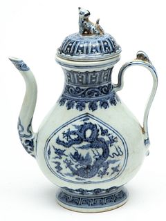 Chinese Blue & White Porcelain Teapot, H 9" W 3.75" L 6.75"