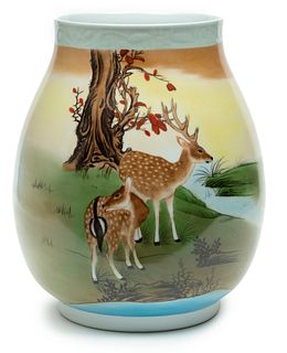 Chinese Polychrome Porcelain Vase, 21st C., Deer At The River's Edge, H 16" Dia. 11"