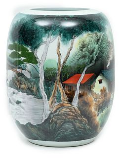 Chinese Enamel On Porcelain Drum Vase, 21st C., Flowing River Through A Village, H 15.5" Dia. 12"