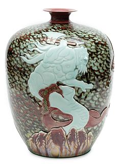 Chinese Hard-paste Porcelain Meiping Vase Serpent Warrior, H 15.5" Dia. 12"