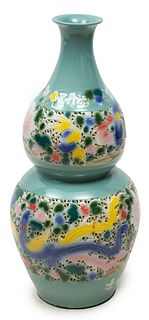 Chinese Reticulated Porcelain Palace-Size Double Gourd Vase, 21st C., Phoenix Bird In Floral Blossoms, H 35" Dia. 16"