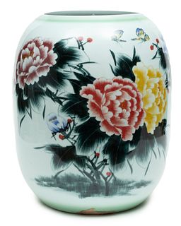 Chinese Porcelain Drum Vase Chrysanthemums, H 21" Dia. 15"