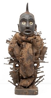 African, Kongo Peoples Carved Wood , Textile, And Nail Power Figure Ca. First Quarter 20th C., H 25.75" W 11.5" Depth 9"