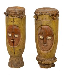 African, Carved Wood And Leather Drums H 31" Dia. 11" 2 pcs