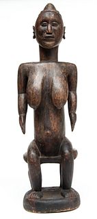 African, Dogon Carved Wood Seated Female Sculpture, Ca. Early 20th C., H 28" W 8.25" Depth 7"