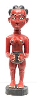 African, Fante Peoples Polychromed Carved Wood Female Cup Bearer Ca. Late 20th C., H 26.5" W 7" Depth 7"