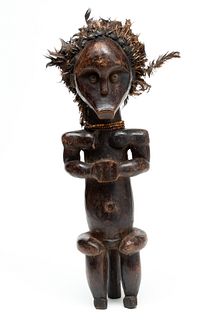African, Fang Carved Wood And Feather Sculpture, Ca. Mid 20th C, Reliquary Figure, H 24" W 7.25" Depth 7"