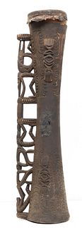 Papua New Guinean Carved Wood And Snake Skin Drum (tifa) Mid 20th C., H 34" Dia. 9"