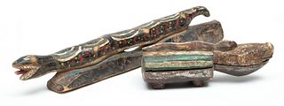 African Pende Polychrome Wood Cosmetic Box & Sculpture, H 4" W 3.5" L 11" 2 pcs