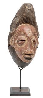 Central African, Gabon, Punu Carved Wood Mask 20th C., H 10" W 5" Depth 7"