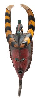 West African, Guro Peoples Carved Polychrome Wood Mask, Ca. Mid 20th C., H 23.5" W 8" Depth 5.5"