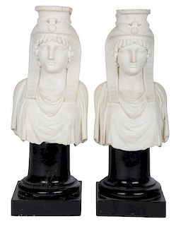 A Pair of Egyptian White Marble Composition Busts Height with base 17 x width 6 x depth 6 inches.