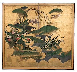 A Japanese Edo Period Two Panel Screen 74 x 69 inches.