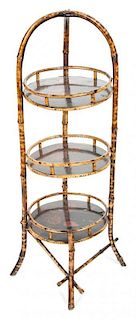 Bamboo with Red and Black Lacquer Three Tier Stand 34 1/2 inches