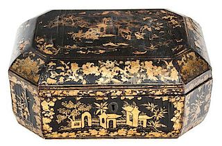 A Victorian Papier Mache Box with Gilt Chinoiserie Width 11 inches.