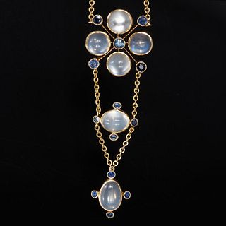 ATTRACTIVE MOONSTONE AND SAPPHIRE PENDANT DROP NECKLACE