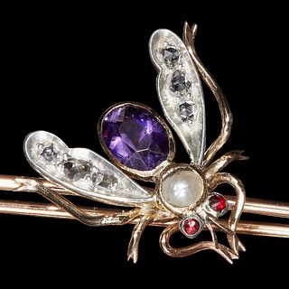 GOLD, DIAMOND, AMETHYST, RUBY AND PEARL INSECT BROOCH