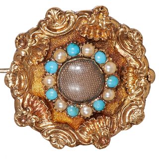 VICTORIAN PEARL AND TURQUOISE MEMORI BROOCH