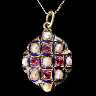 VICTORIAN ENAMEL , RUBY AND PEARL SET PENDANT