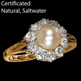 ANTIQUE CERTIFICATED PEARL AND DIAMOND CLUSTER RING