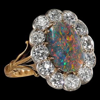 CERTIFICATED BLACK OPAL AND DIAMOND CLUSTER RING